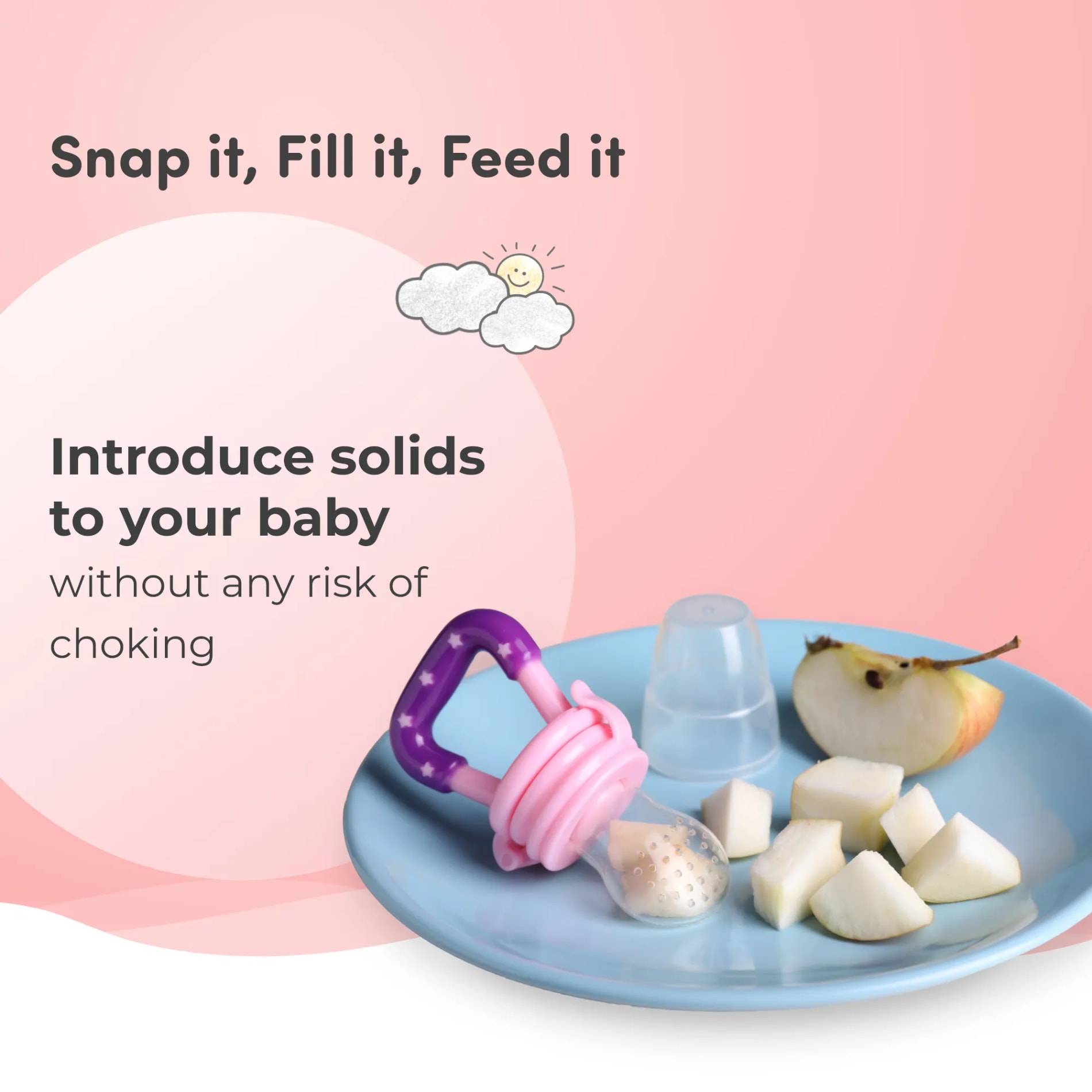 Feels Natural Ultra Soft Fruit & Food Nibbler- Pink | Convenient to Introduce Fruits & Veggies to Baby | Ultra-soft Silicone Mesh for Easy Chewing | Easy One Snap Filling | Helps Relieve Teething Discomfort