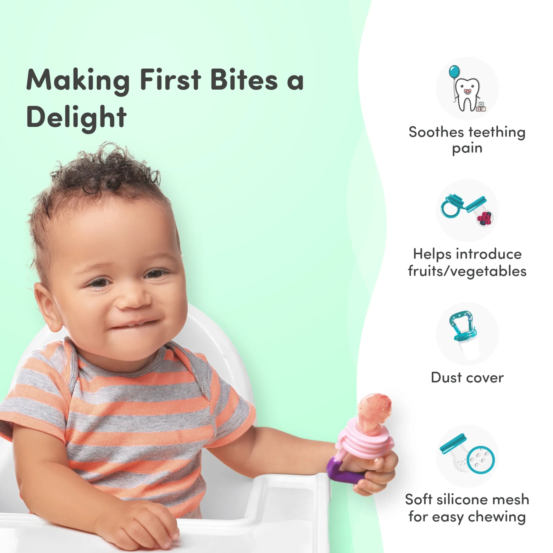 Feels Natural Ultra Soft Fruit & Food Nibbler- Green | Convenient to Introduce Fruits & Veggies to Baby | Ultra-soft Silicone Mesh for Easy Chewing | Easy One Snap Filling | Helps Relieve Teething Discomfort