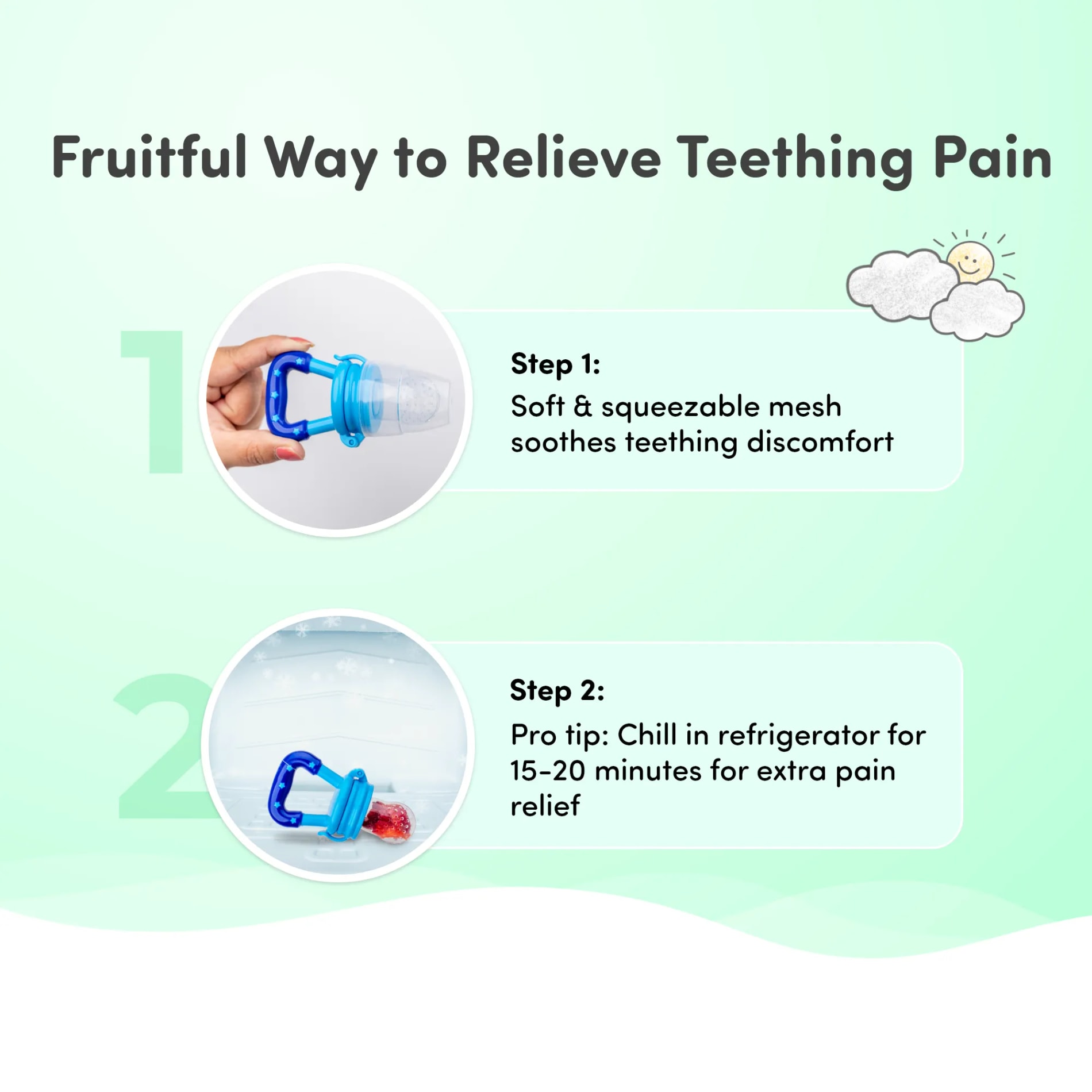 Feels Natural Ultra Soft Fruit & Food Nibbler- Green | Convenient to Introduce Fruits & Veggies to Baby | Ultra-soft Silicone Mesh for Easy Chewing | Easy One Snap Filling | Helps Relieve Teething Discomfort