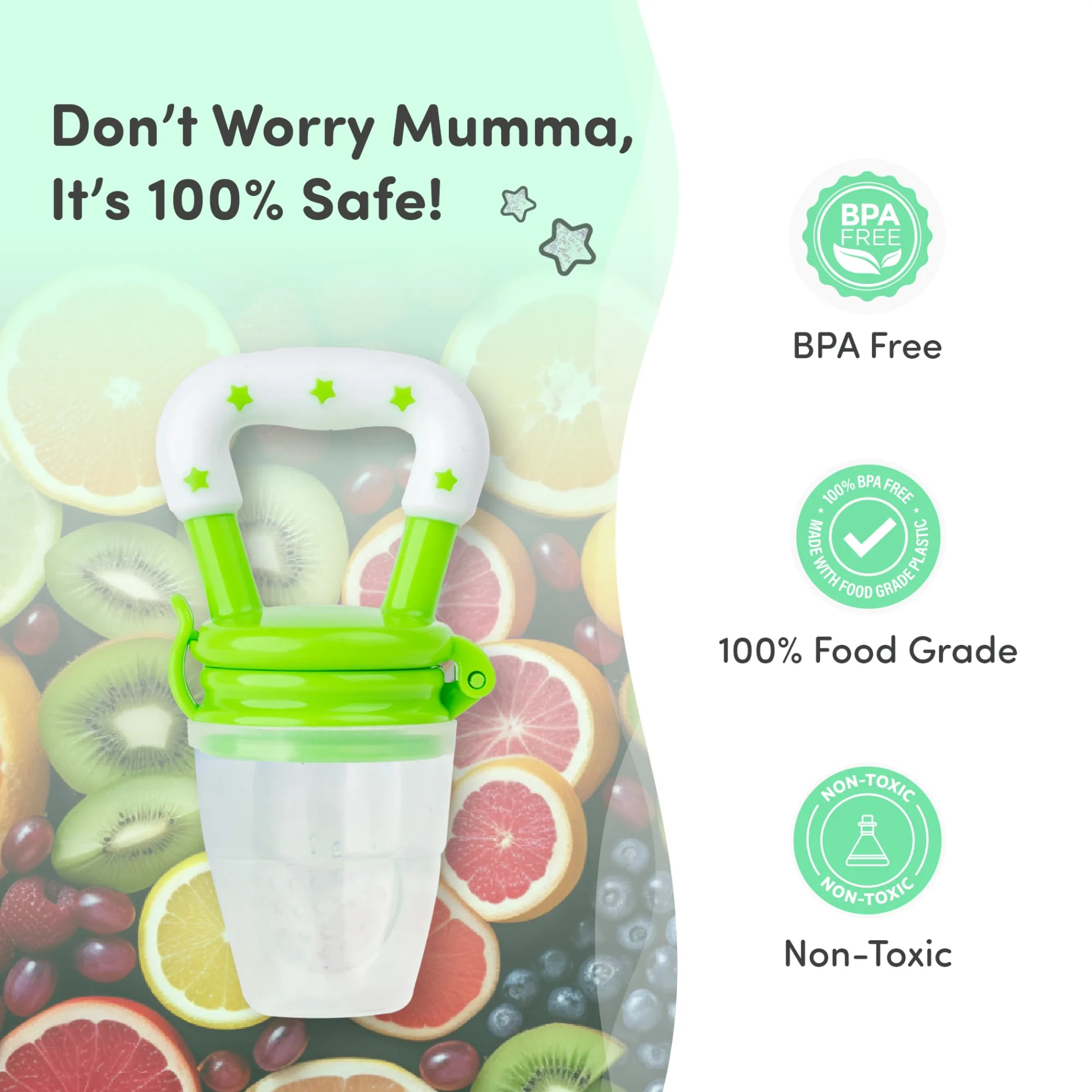 Feels Natural Ultra Soft Fruit & Food Nibbler- Green | Convenient to Introduce Fruits & Veggies to Baby | Ultra-soft Silicone Mesh for Easy Chewing | Easy One Snap Filling | Helps Relieve Teething Discomfort