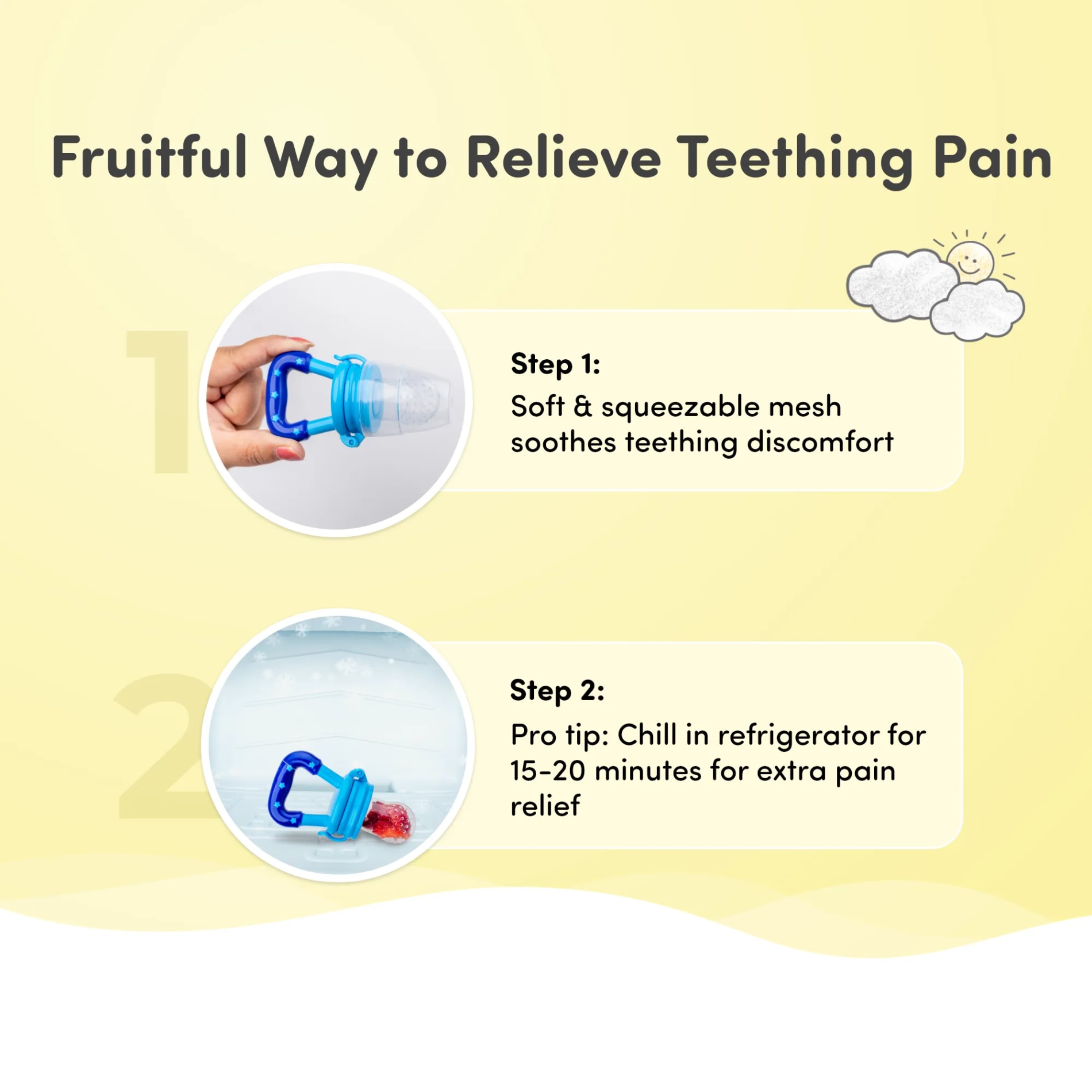 Feels Natural Ultra Soft Fruit & Food Nibbler- Yellow | Convenient to Introduce Fruits & Veggies to Baby | Ultra-soft Silicone Mesh for Easy Chewing | Easy One Snap Filling | Helps Relieve Teething Discomfort
