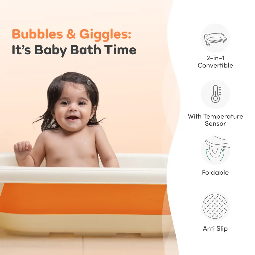 Kenzo 2-in-1 Foldable Bathtub with Temperature Sensor for 6 Months - 3 Years | Up to 20Kgs Weight Capacity | EN Certified (Orange)