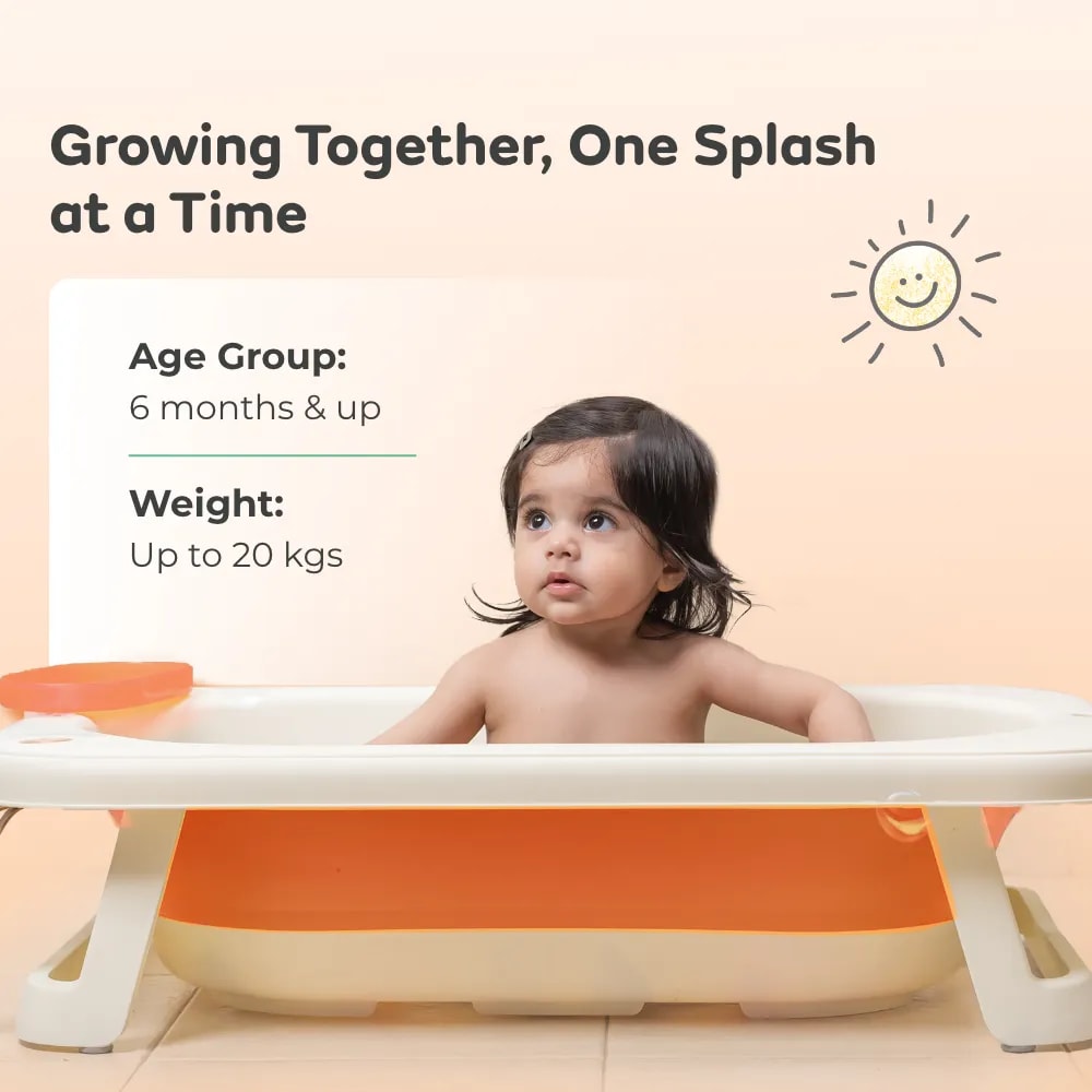 Kenzo 2-in-1 Foldable Bathtub with Temperature Sensor for 6 Months - 3 Years | Up to 20Kgs Weight Capacity | EN Certified (Orange)