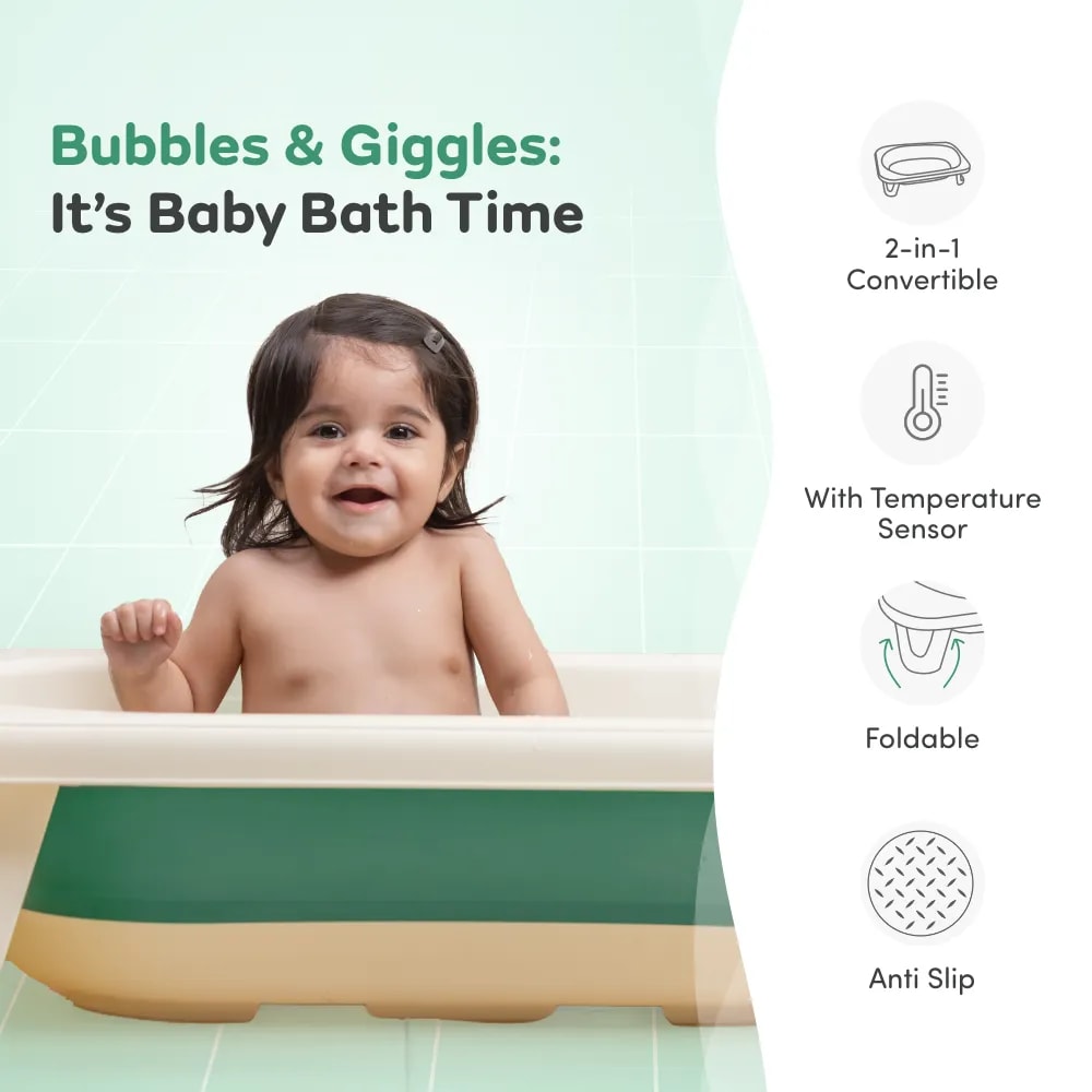 Kenzo 2-in-1 Foldable Bathtub with Temperature Sensor for 6 Months - 3 Years | Up to 20Kgs Weight Capacity | EN Certified (Green)
