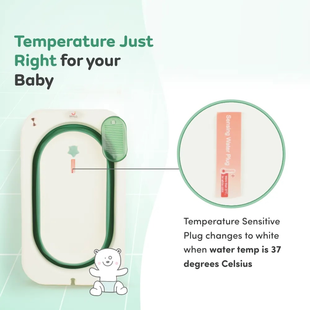 Kenzo 2-in-1 Foldable Bathtub with Temperature Sensor for 6 Months - 3 Years | Up to 20Kgs Weight Capacity | EN Certified (Green)
