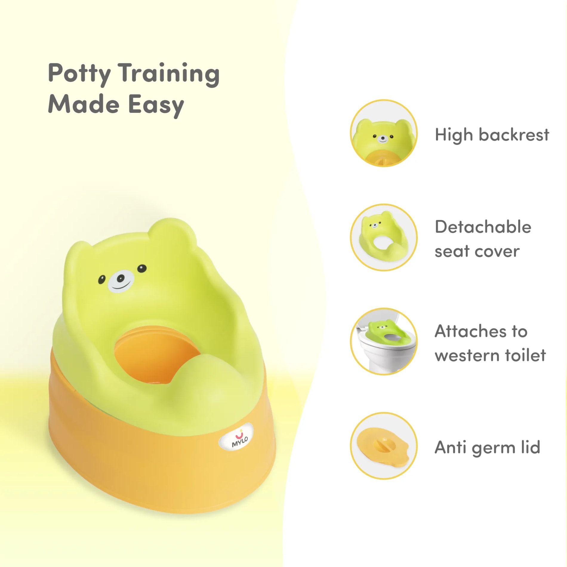 Potty Seat | Baby Potty Chair | 2-in-1 Potty Training Chair with Detachable Potty Bowl | Easy to Carry & Clean - Green & Yellow