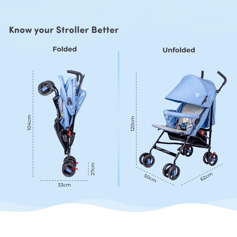 Buddy Ultra-Light Baby Stroller for 0-3 Year | Baby Pram for Toddlers & Kids | 3 Point Safety Harness | 360° Front Wheel Swivel| Umbrella Fold - Blue