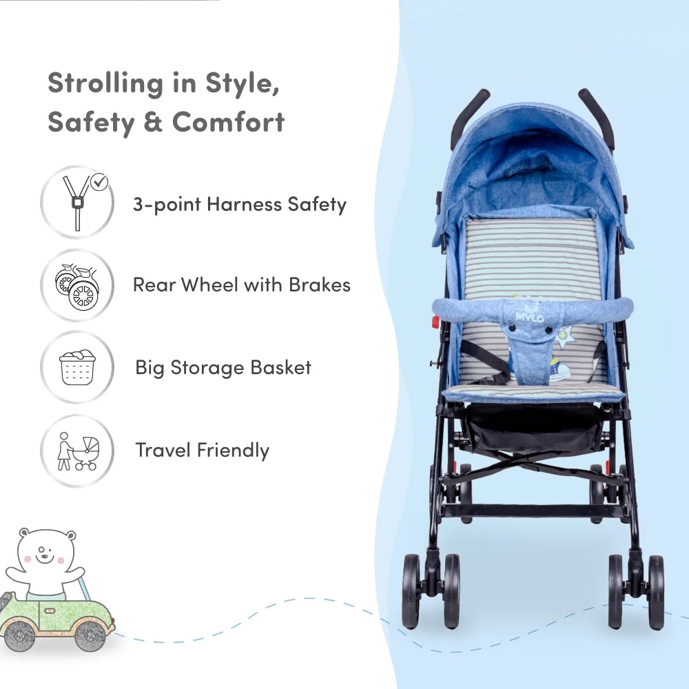 Buddy Ultra-Light Baby Stroller for 0-3 Year | Baby Pram for Toddlers & Kids | 3 Point Safety Harness | 360° Front Wheel Swivel| Umbrella Fold - Blue