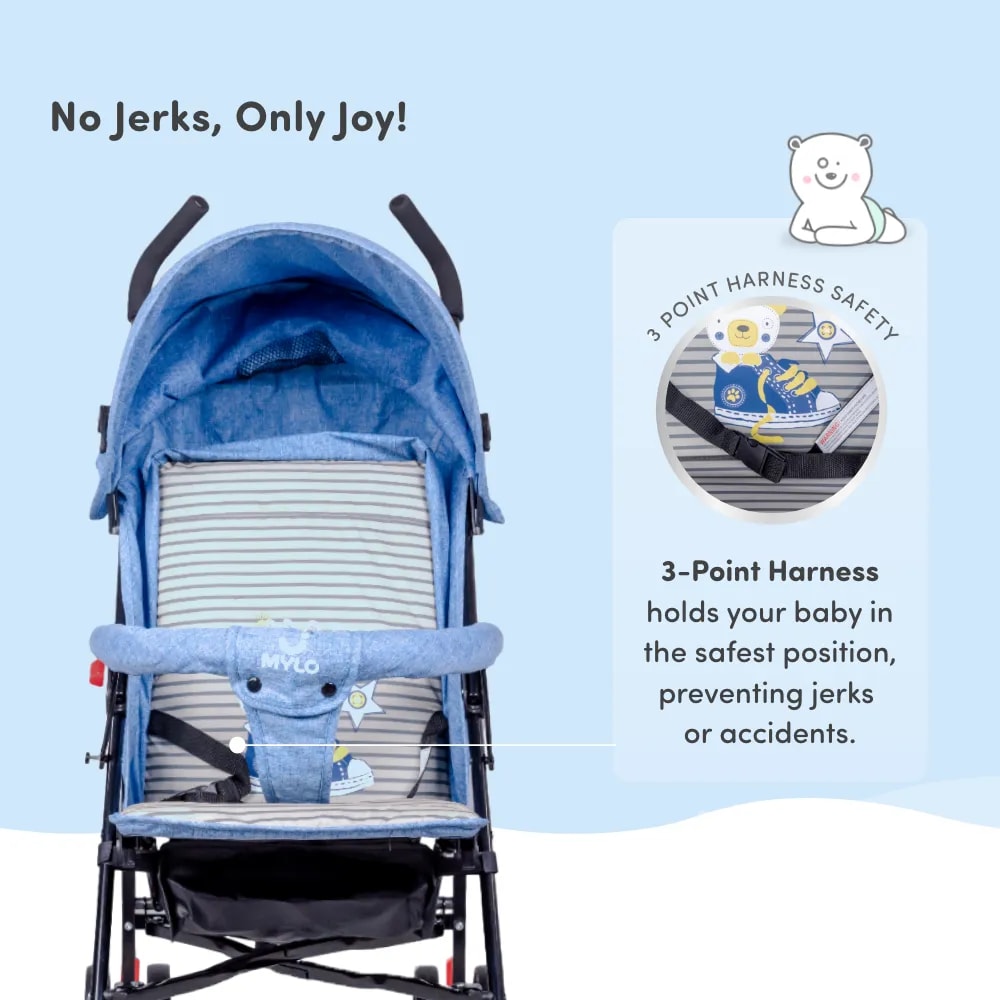 Buddy Ultra-Light Baby Stroller for 0-3 Year | Baby Pram for Toddlers & Kids | 3 Point Safety Harness | 360° Front Wheel Swivel| Umbrella Fold - Blue