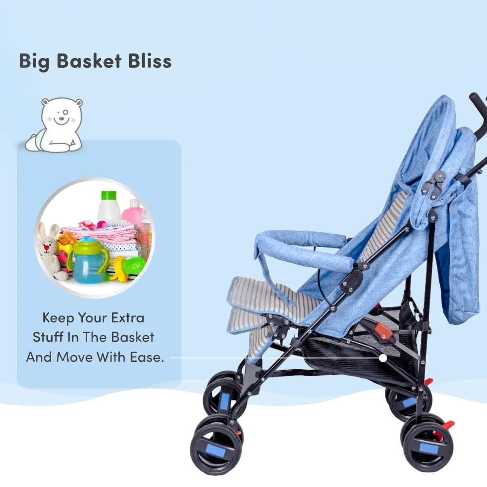 Buddy Ultra-Light Baby Stroller for 0-3 Year | Baby Pram for Toddlers & Kids | 3 Point Safety Harness | 360° Front Wheel Swivel| Umbrella Fold - Blue