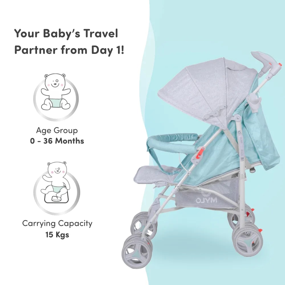 Vista Ultra-Light Baby Stroller for 0-3 Year | Baby Pram for Toddlers & Kids | 5 Point Safety Harness | Front Wheel Swivel Function | Umbrella Fold - Green & Grey