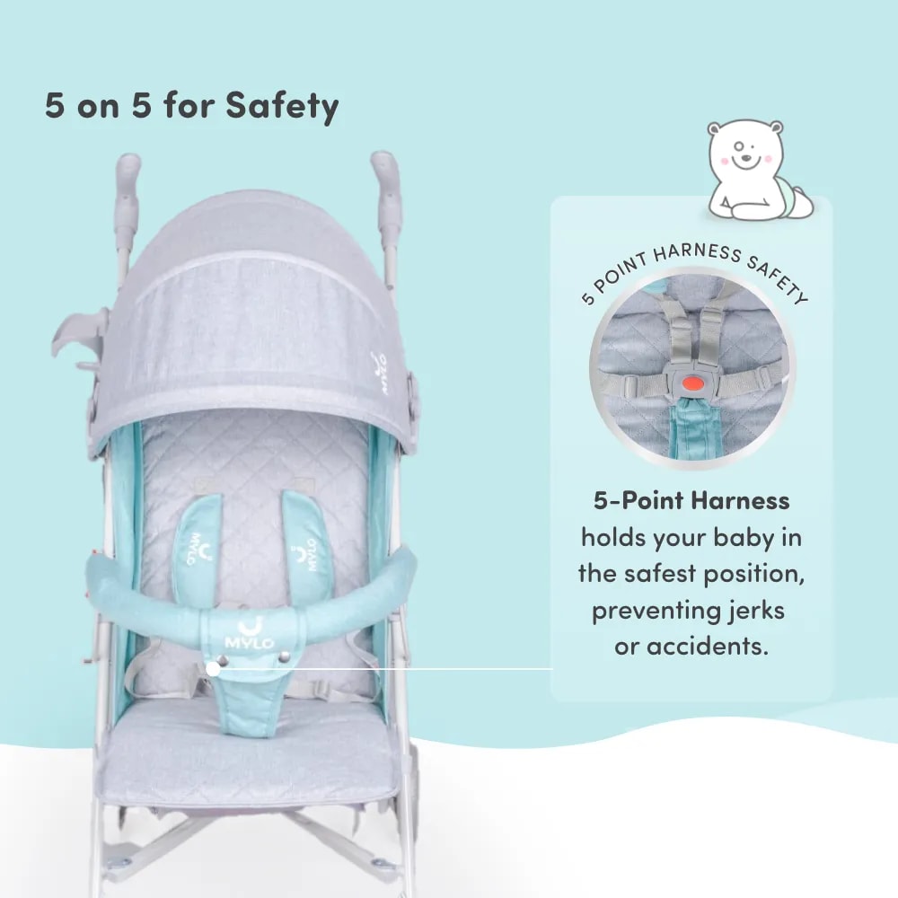 Vista Ultra-Light Baby Stroller for 0-3 Year | Baby Pram for Toddlers & Kids | 5 Point Safety Harness | Front Wheel Swivel Function | Umbrella Fold - Green & Grey