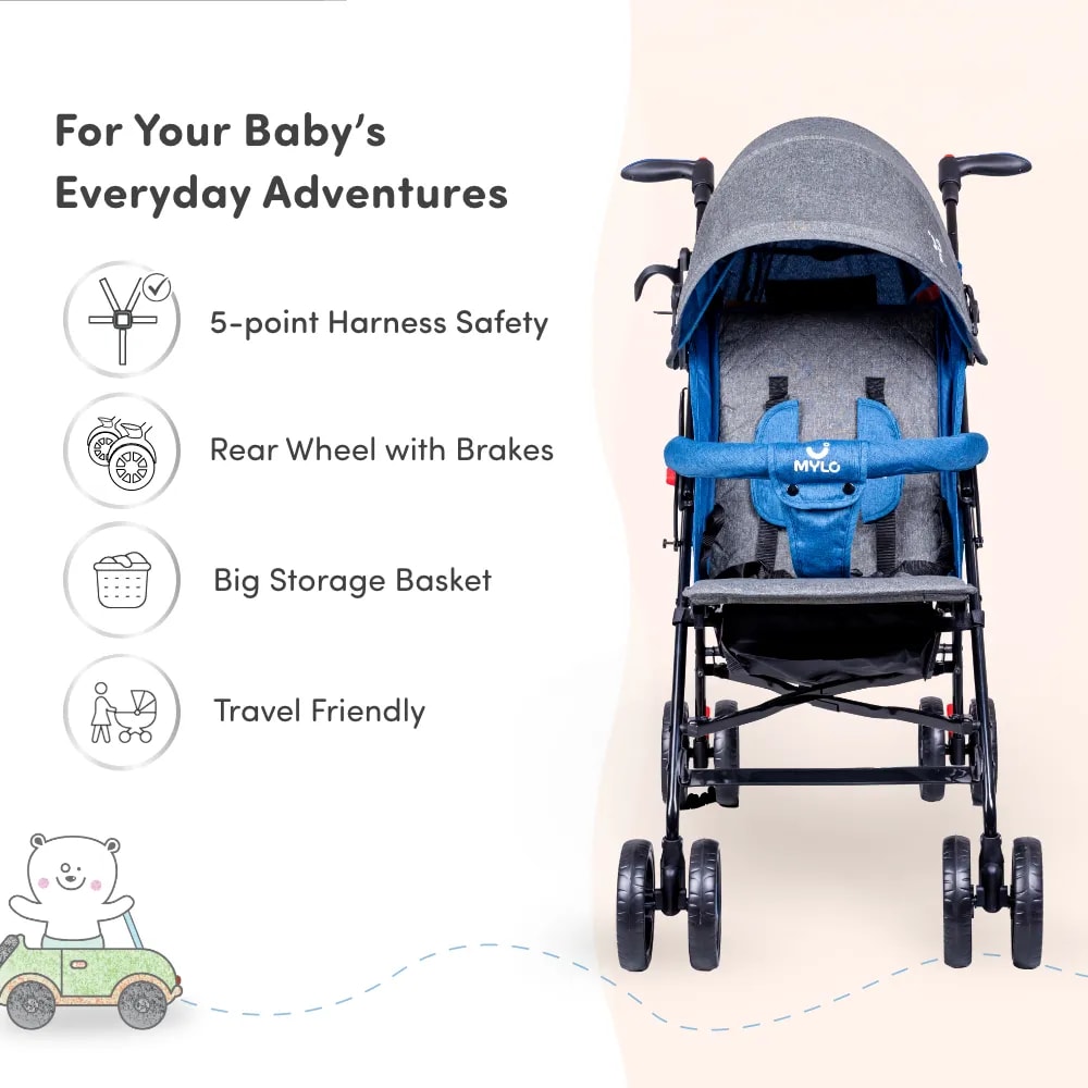 Vista Ultra-Light Baby Stroller for 0-3 Year | Baby Pram for Toddlers & Kids | 5 Point Safety Harness | Front Wheel Swivel Function | Umbrella Fold - Blue & Grey