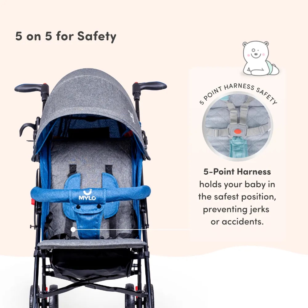 Vista Ultra-Light Baby Stroller for 0-3 Year | Baby Pram for Toddlers & Kids | 5 Point Safety Harness | Front Wheel Swivel Function | Umbrella Fold - Blue & Grey