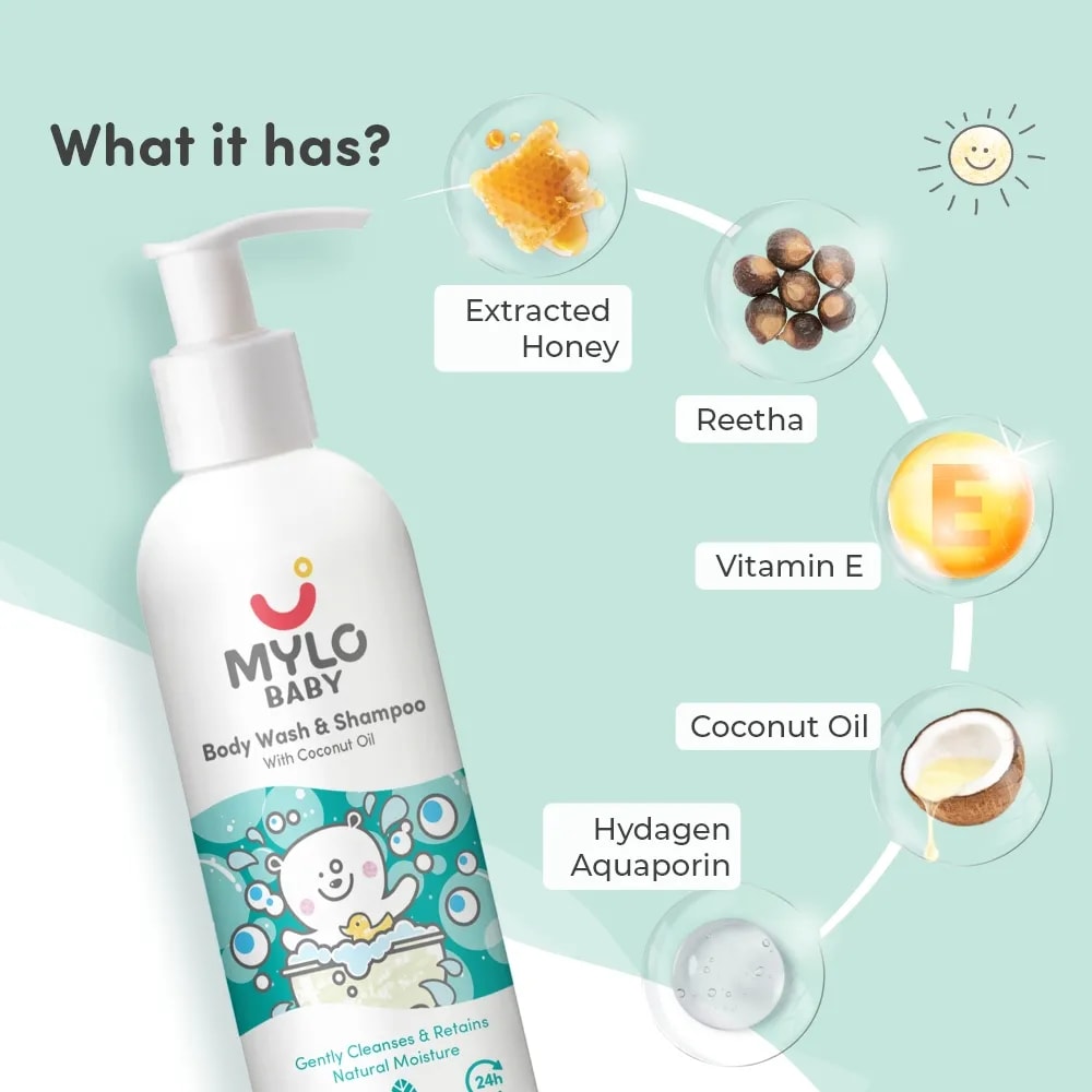 Baby Bath Essentials - Baby Body Wash & Shampoo (200 ml) and Mylo Care Baby Lotion (200 ml) | Tear Free Formulation | 24 Hours Moisturization