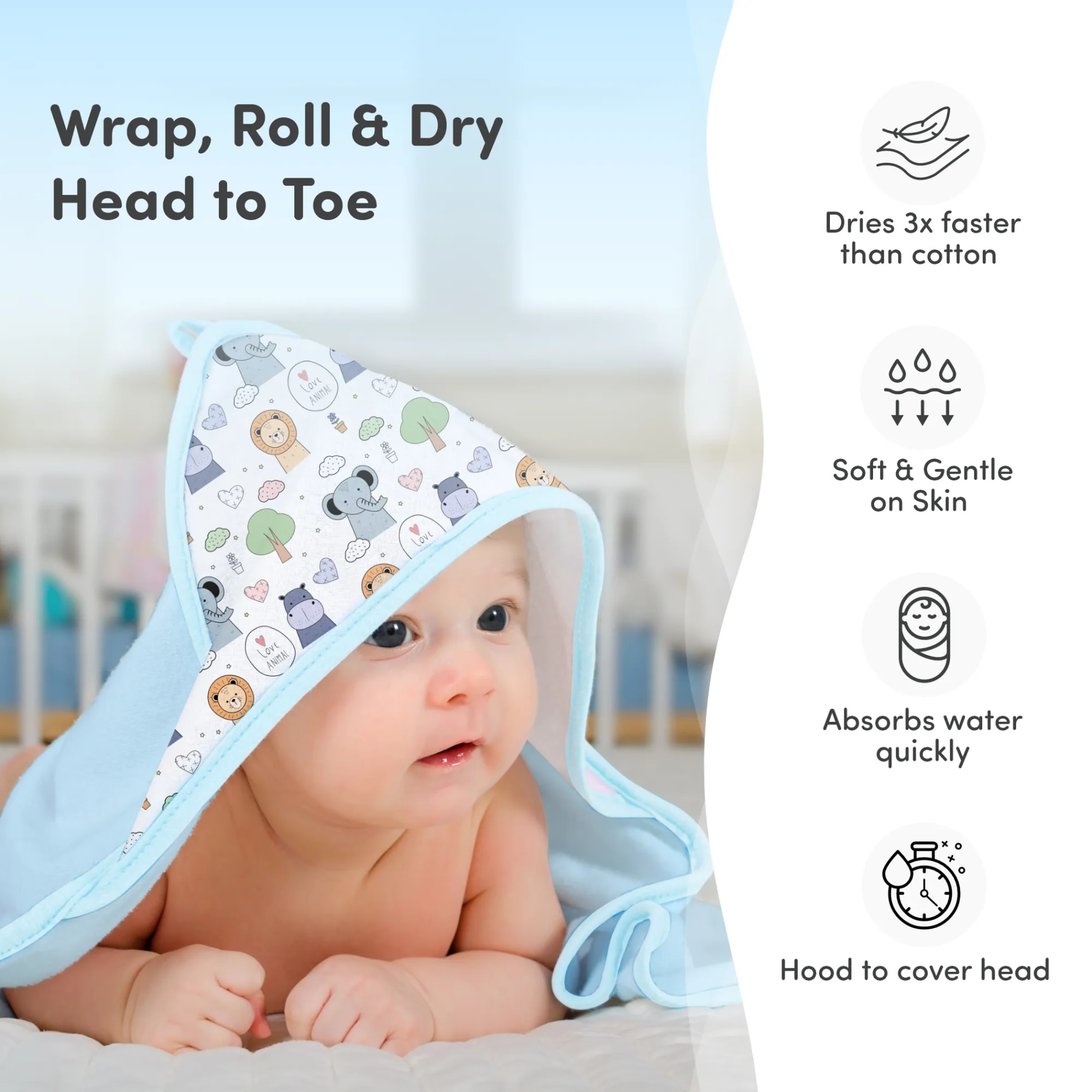 Baby Hooded Towel | Soft, Lightweight & Extra Absorbent |Keeps Baby Snug | Dries 3x Faster than Cotton | Baby Safari - Blue (78 cm x 78cm)