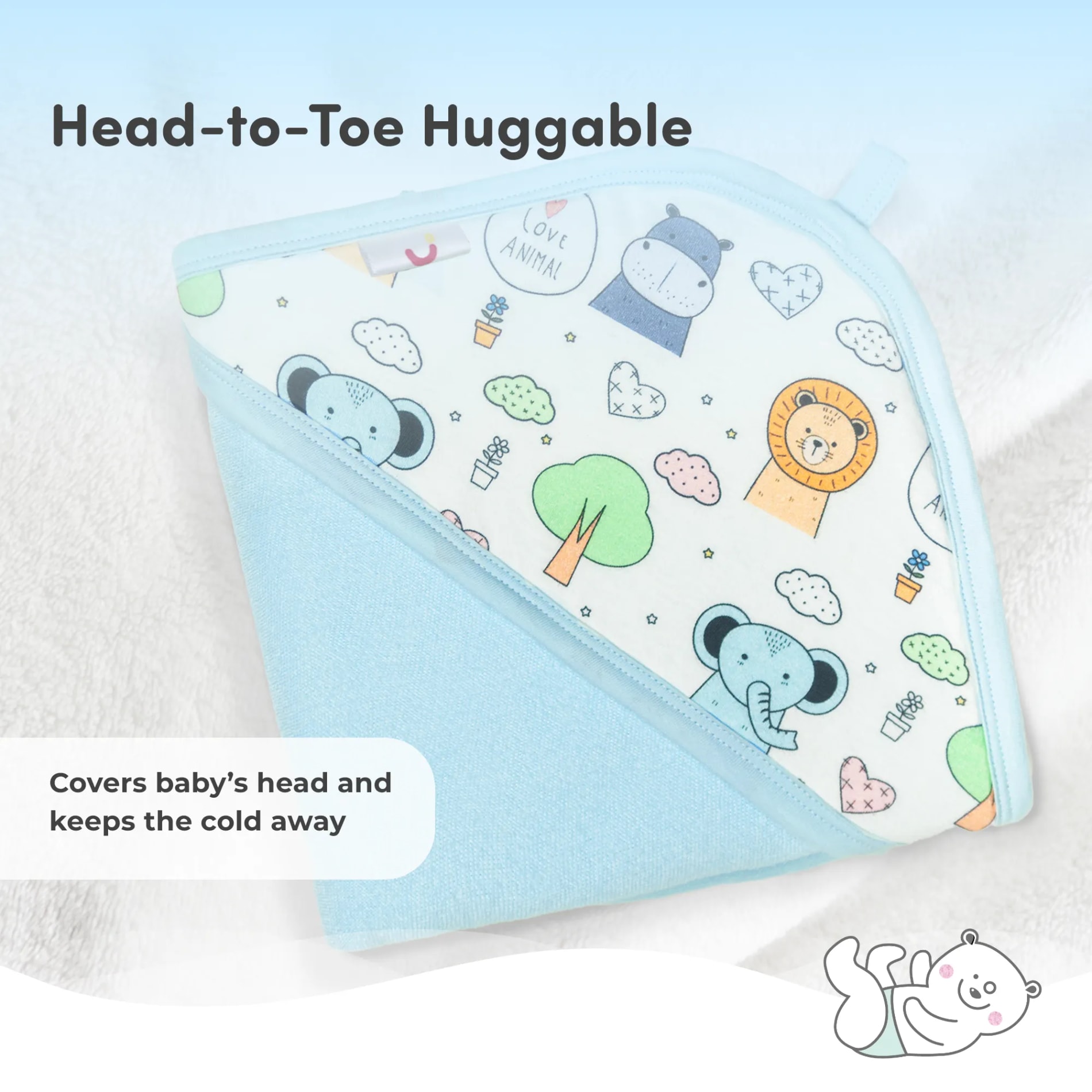 Baby Hooded Towel | Soft, Lightweight & Extra Absorbent |Keeps Baby Snug | Dries 3x Faster than Cotton | Baby Safari - Blue (78 cm x 78cm)