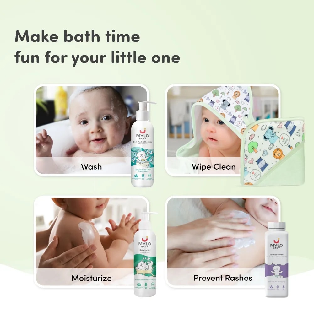 Baby Bathing Super Saver Combo - Body Wash & Shampoo, Towel, Lotion & Powder