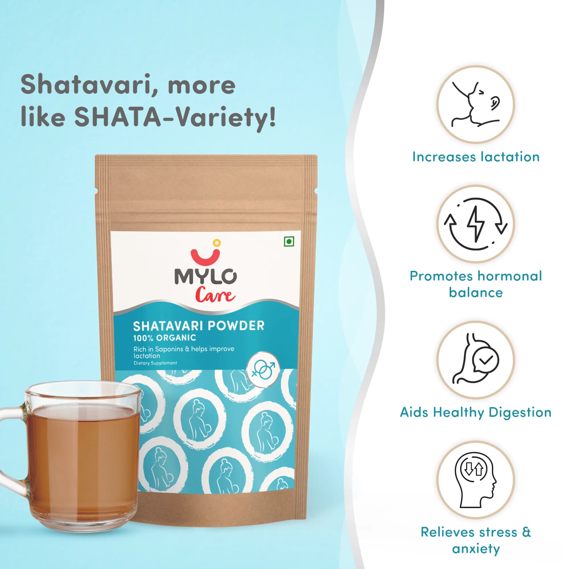 Mylo Care Shatavari Powder for Women | Improves Lactation | Promotes Hormonal Balance | Relieves Stress & Anxiety | Clinically Tested - 200 gm