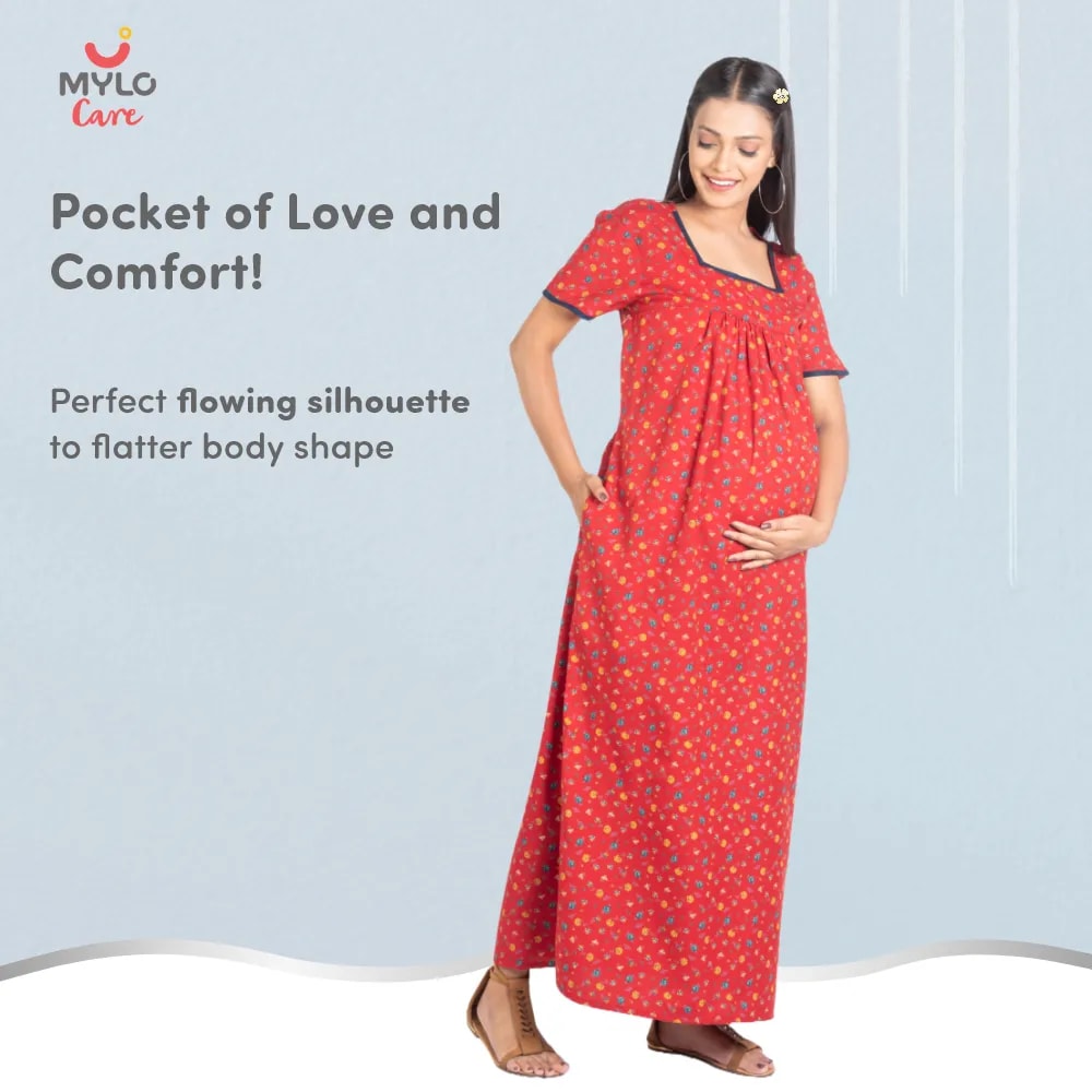 Maternity Dresses For Women with Both Side Zipper For Easy Feeding | Adjustable Belt for Growing Belly | Maxi Nighty Dress | Liberty Red | L