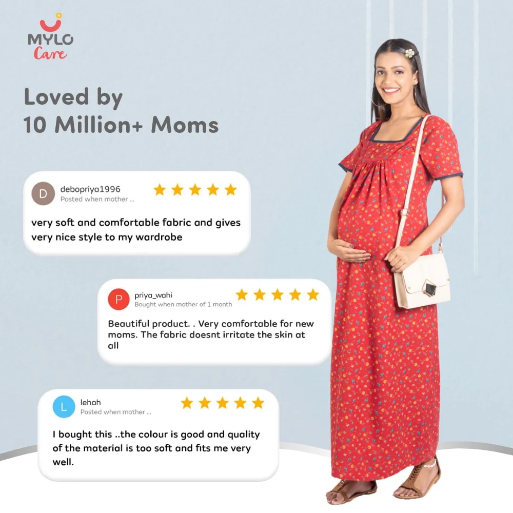 Maternity Dresses For Women with Both Side Zipper For Easy Feeding | Adjustable Belt for Growing Belly | Maxi Nighty Dress | Liberty Red | L