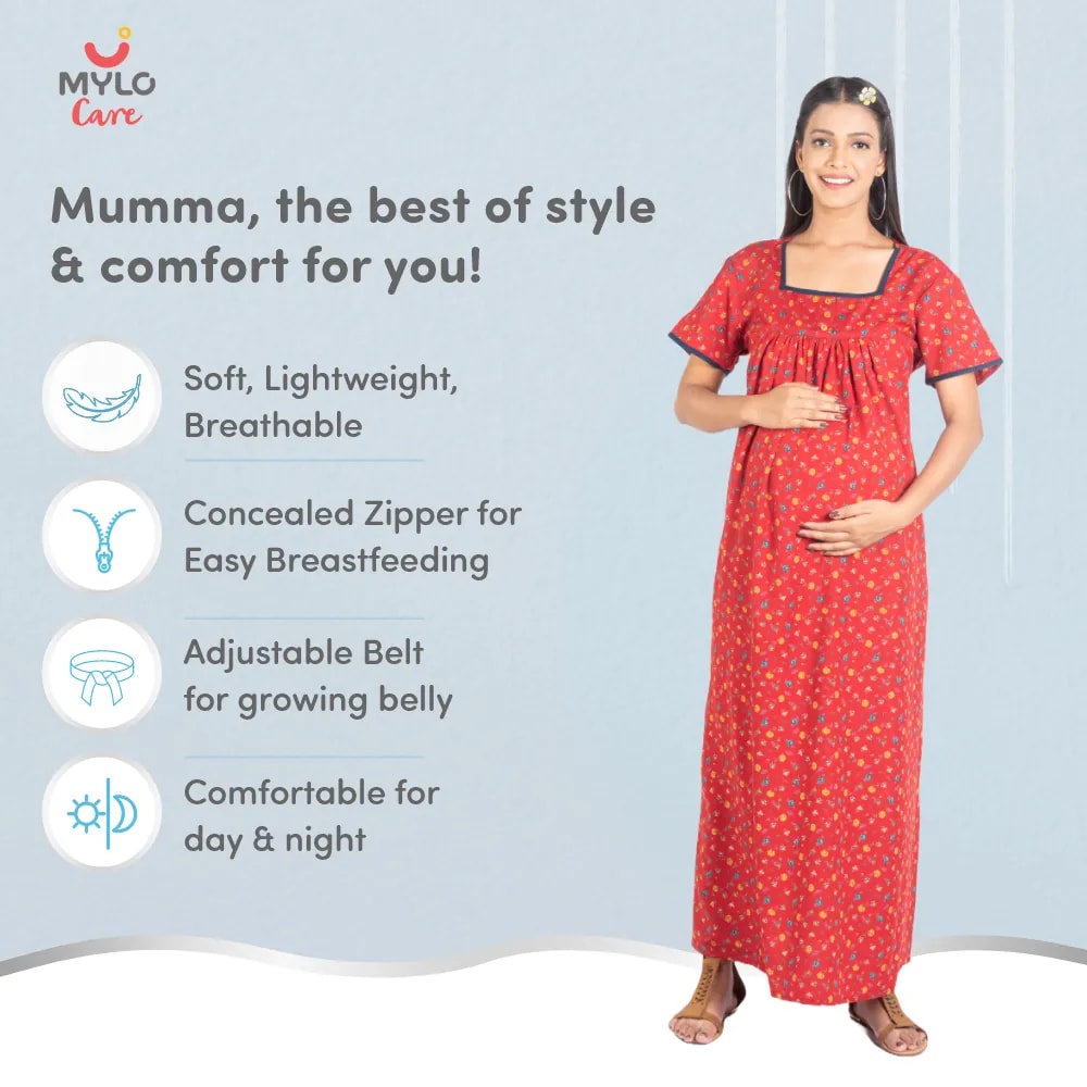 Maternity Dresses For Women with Both Side Zipper For Easy Feeding | Adjustable Belt for Growing Belly | Maxi Nighty Dress | Liberty Red | L