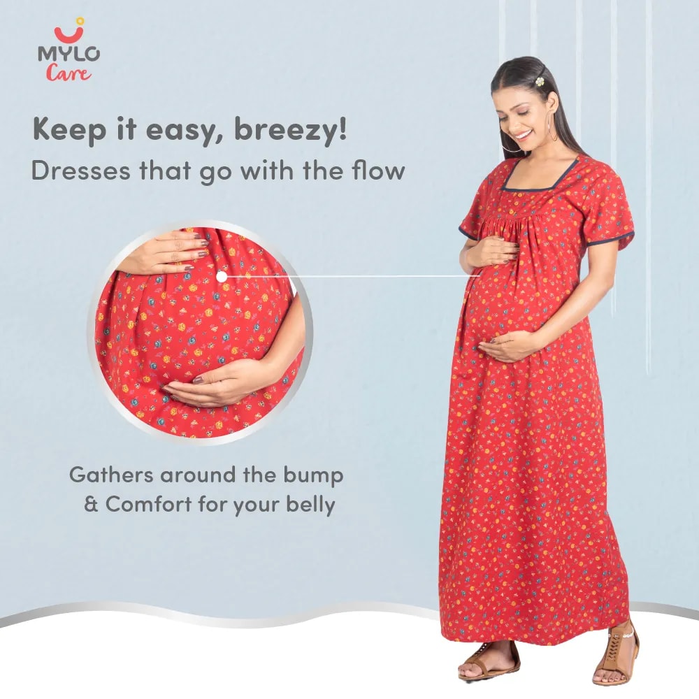 Maternity Dresses For Women with Both Side Zipper For Easy Feeding | Adjustable Belt for Growing Belly | Maxi Nighty Dress | Liberty Red | L