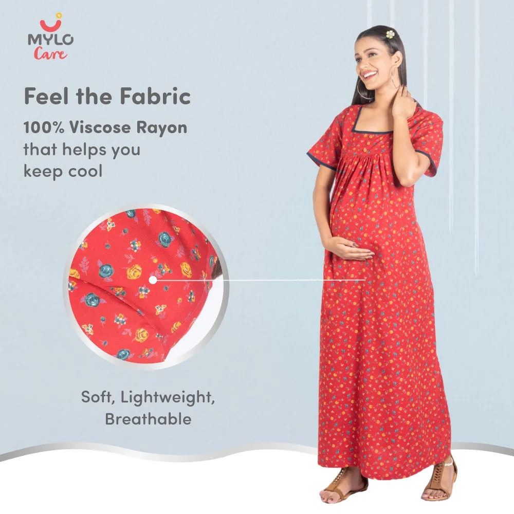 Maternity Dresses For Women with Both Side Zipper For Easy Feeding | Adjustable Belt for Growing Belly | Maxi Nighty Dress | Liberty Red | L