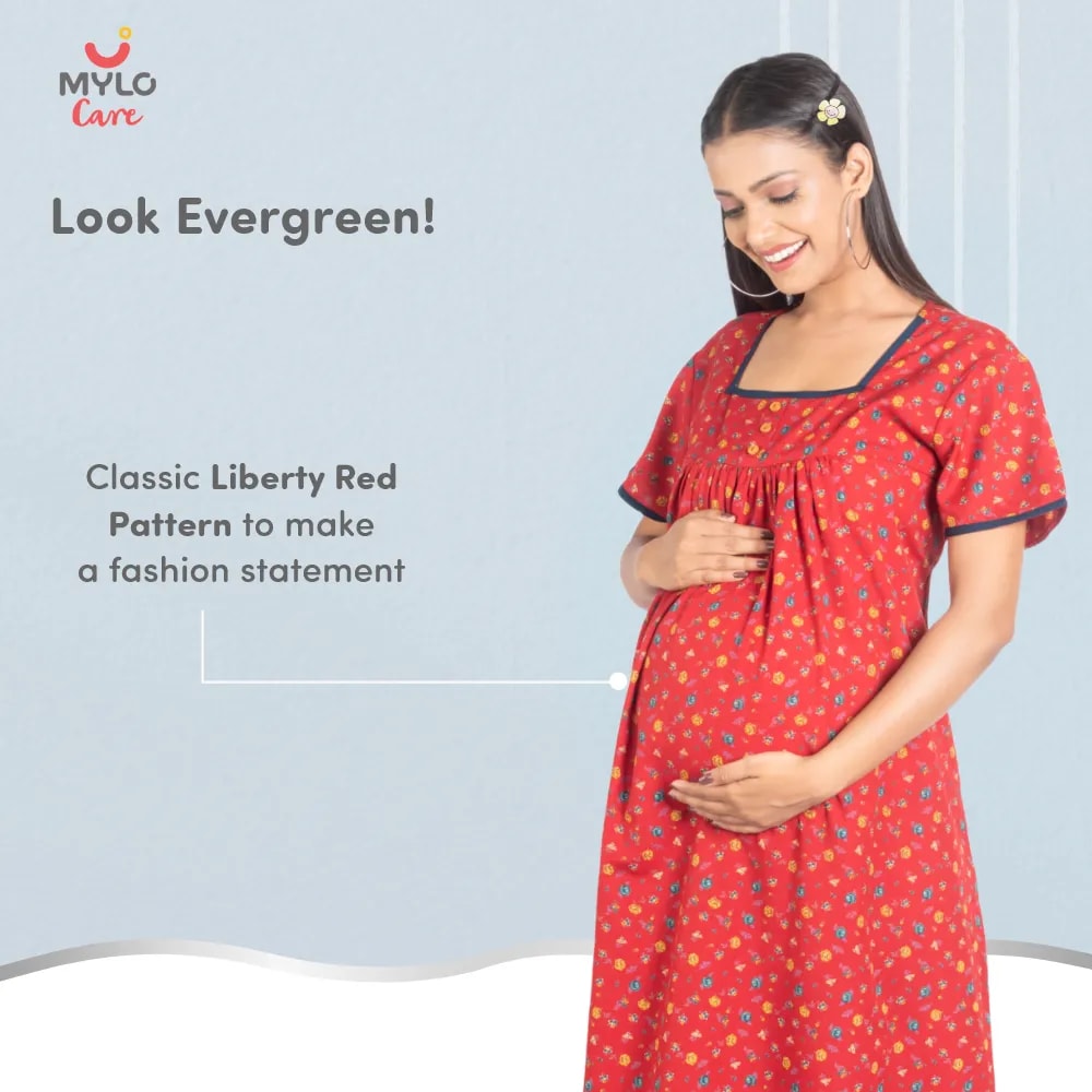 Maternity Dresses For Women with Both Side Zipper For Easy Feeding | Adjustable Belt for Growing Belly | Maxi Nighty Dress | Liberty Red | L