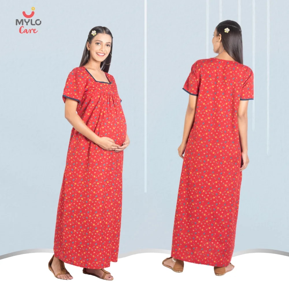 Maternity Dresses For Women with Both Side Zipper For Easy Feeding | Adjustable Belt for Growing Belly | Maxi Nighty Dress | Liberty Red | L