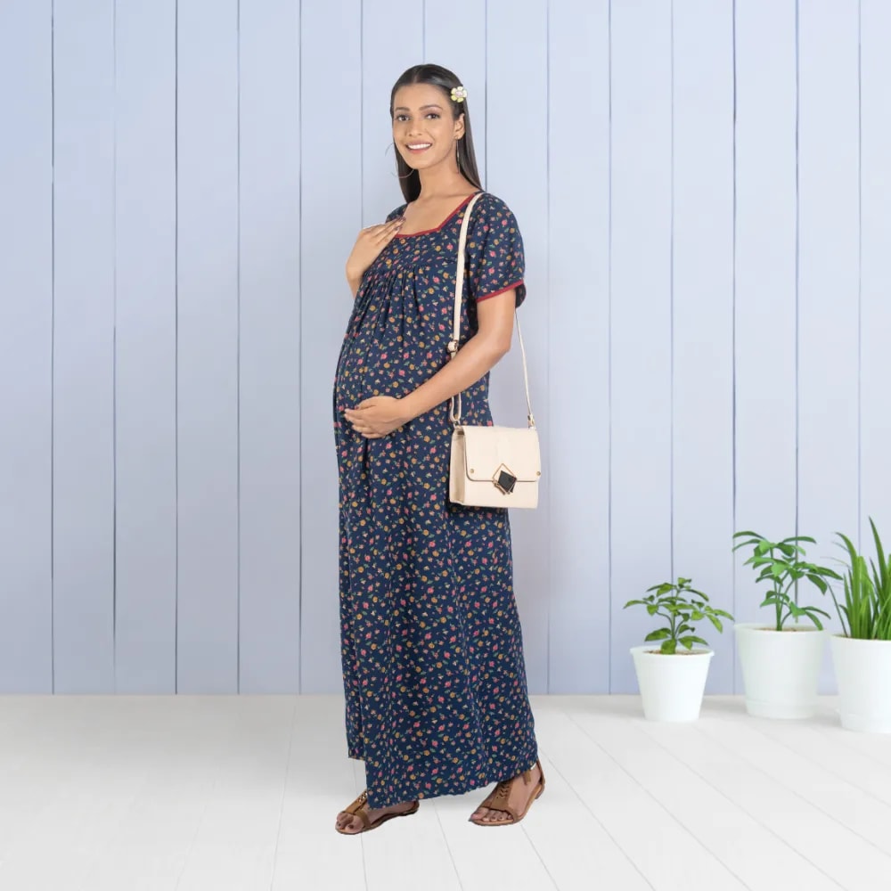 Maternity Dresses For Women with Both Side Zipper For Easy Feeding | Adjustable Belt for Growing Belly | Maxi Nighty Dress | Liberty Navy | L