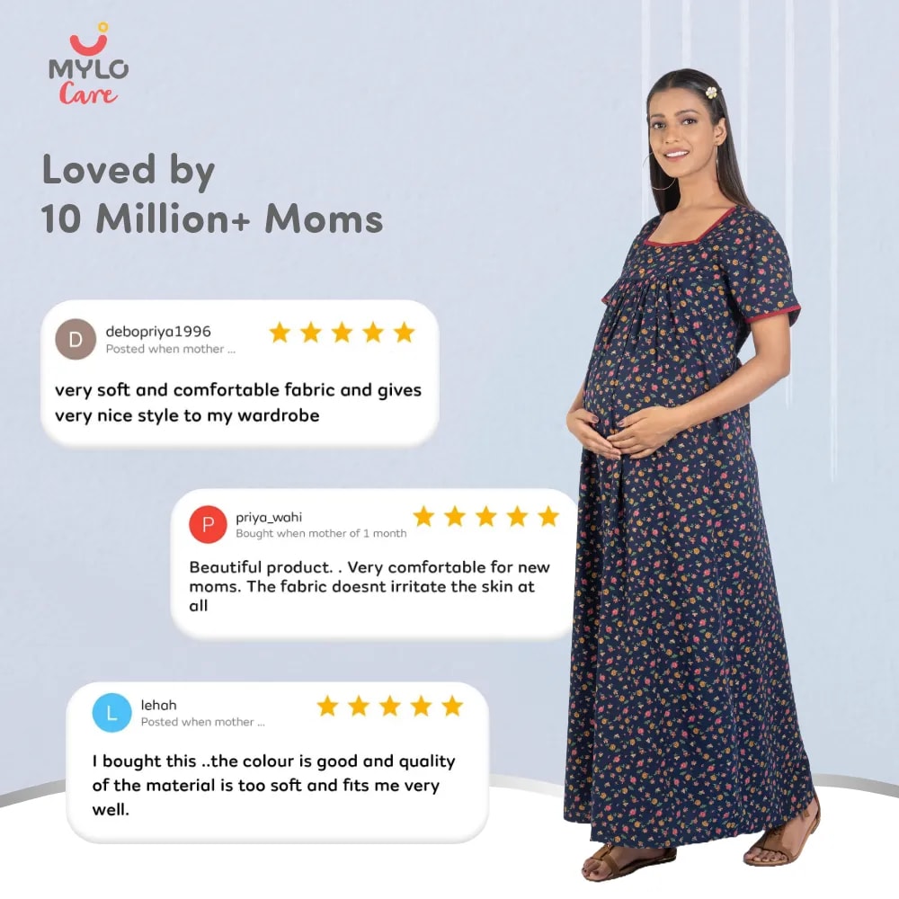 Maternity Dresses For Women with Both Side Zipper For Easy Feeding | Adjustable Belt for Growing Belly | Maxi Nighty Dress | Liberty Navy | L