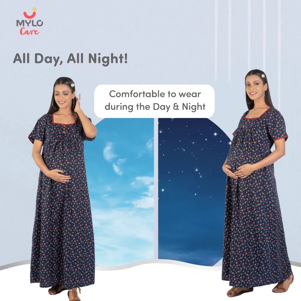 Maternity Dresses For Women with Both Side Zipper For Easy Feeding | Adjustable Belt for Growing Belly | Maxi Nighty Dress | Liberty Navy | L