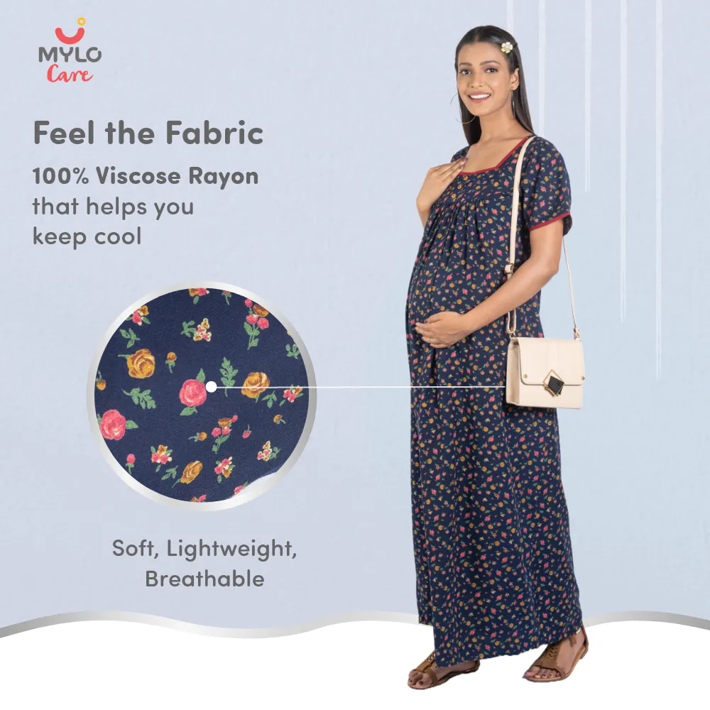Maternity Dresses For Women with Both Side Zipper For Easy Feeding | Adjustable Belt for Growing Belly | Maxi Nighty Dress | Liberty Navy | L