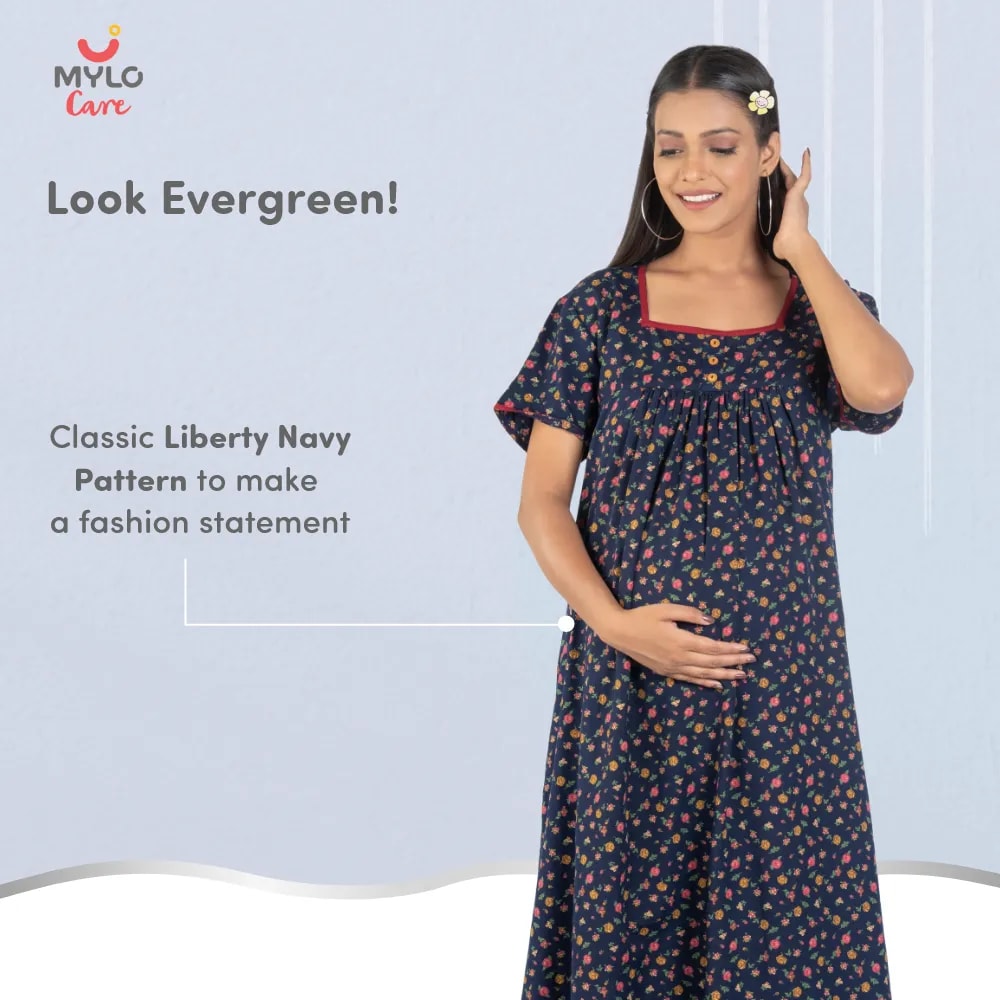 Maternity Dresses For Women with Both Side Zipper For Easy Feeding | Adjustable Belt for Growing Belly | Maxi Nighty Dress | Liberty Navy | L