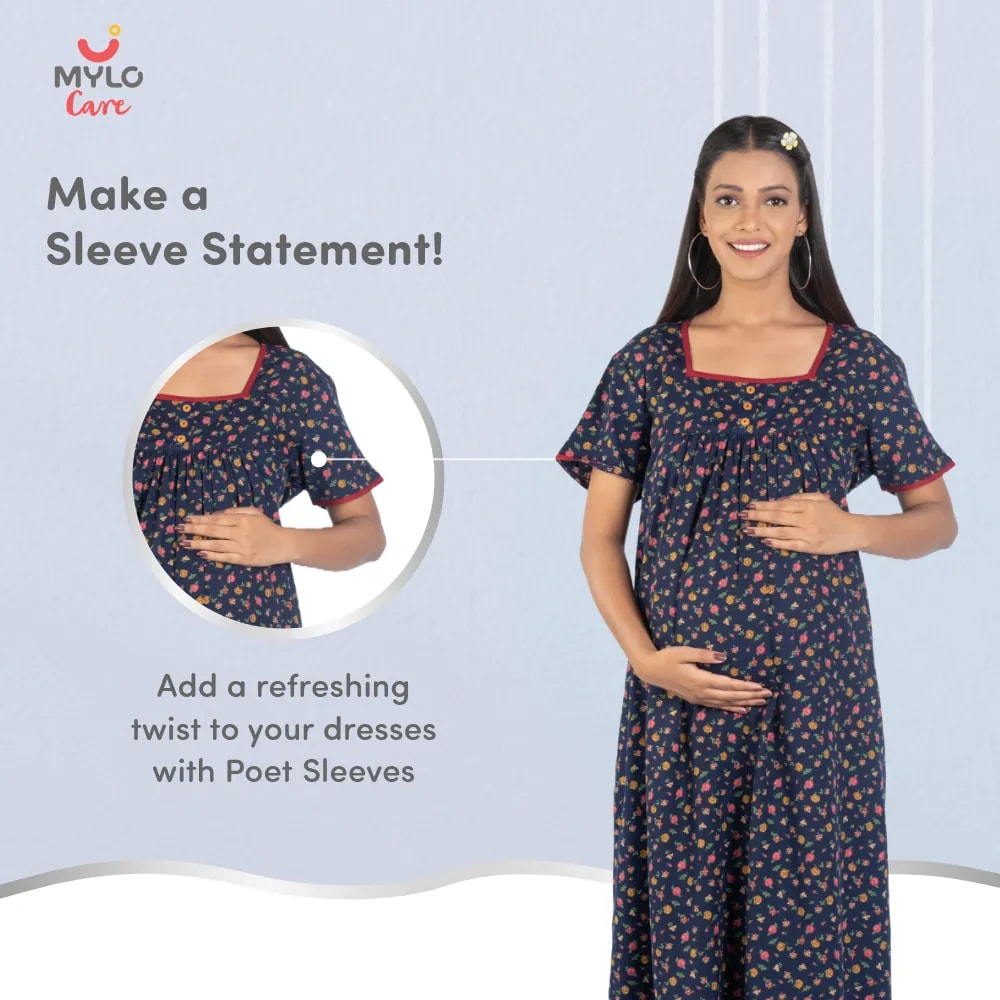 Maternity Dresses For Women with Both Side Zipper For Easy Feeding | Adjustable Belt for Growing Belly | Maxi Nighty Dress | Liberty Navy | L