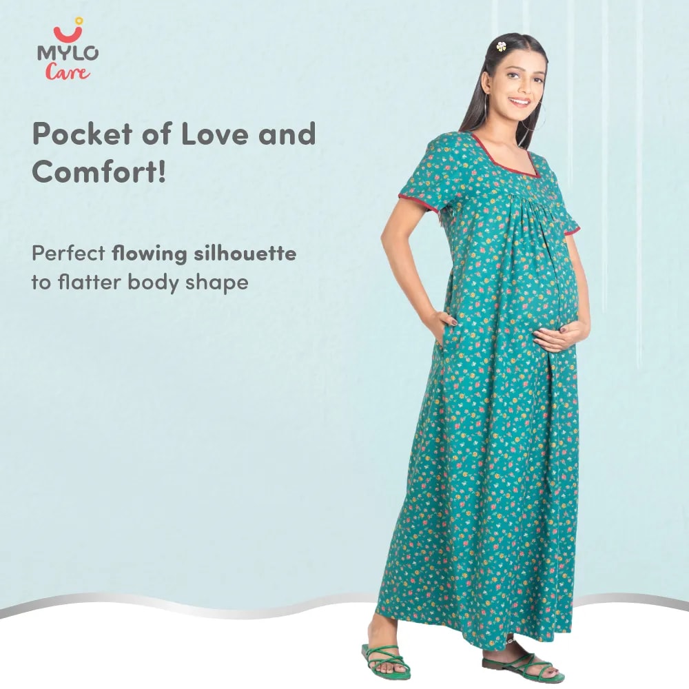 Maternity Dresses For Women with Both Side Zipper For Easy Feeding | Adjustable Belt for Growing Belly | Maxi Nighty Dress | Liberty Green | L
