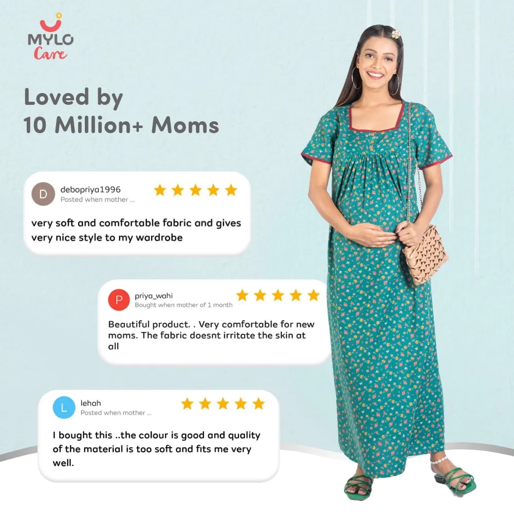 Maternity Dresses For Women with Both Side Zipper For Easy Feeding | Adjustable Belt for Growing Belly | Maxi Nighty Dress | Liberty Green | L