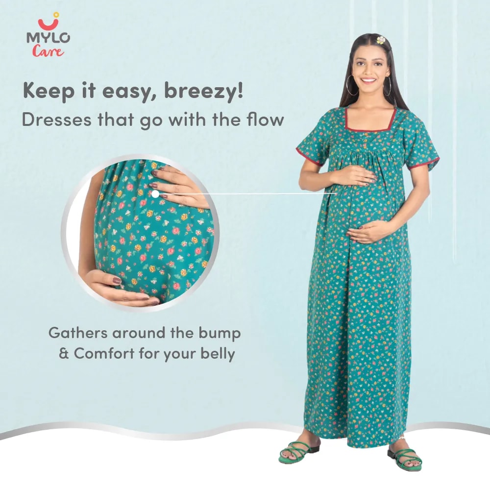 Maternity Dresses For Women with Both Side Zipper For Easy Feeding | Adjustable Belt for Growing Belly | Maxi Nighty Dress | Liberty Green | L
