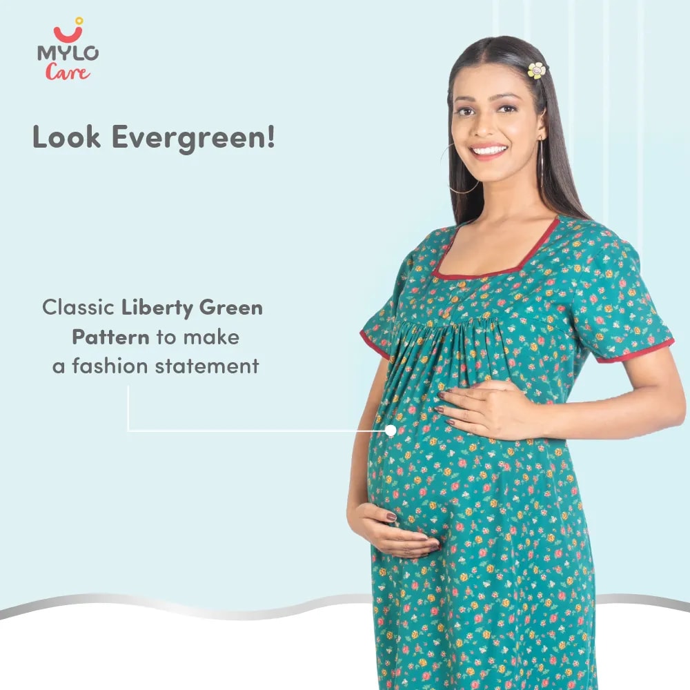 Maternity Dresses For Women with Both Side Zipper For Easy Feeding | Adjustable Belt for Growing Belly | Maxi Nighty Dress | Liberty Green | L