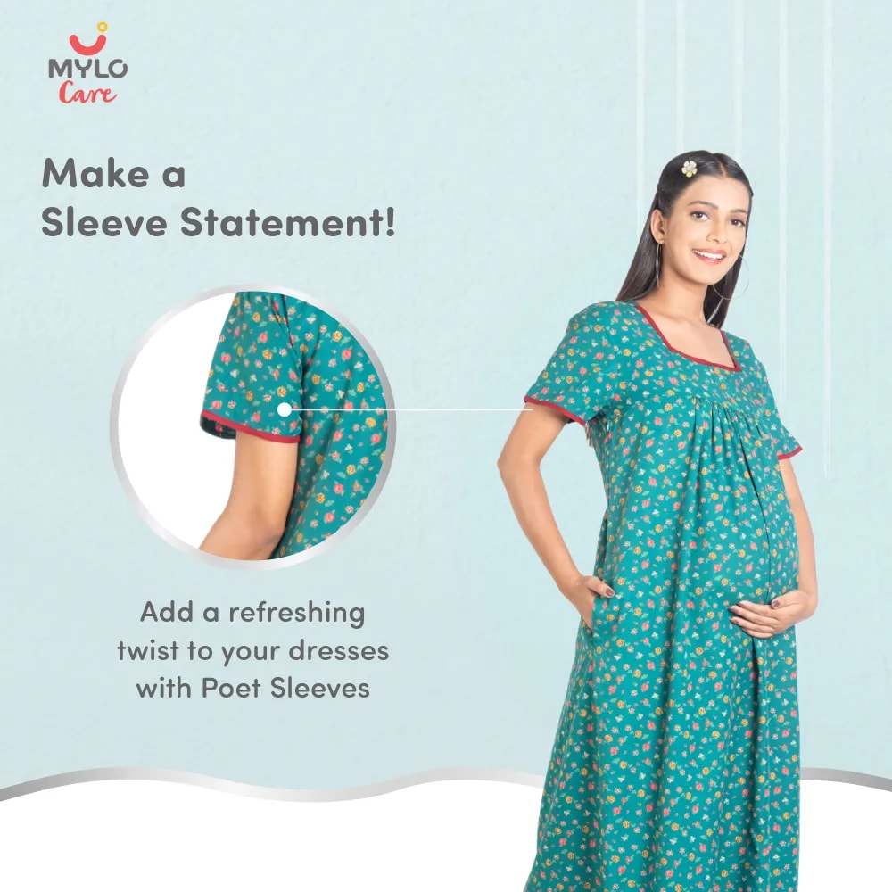 Maternity Dresses For Women with Both Side Zipper For Easy Feeding | Adjustable Belt for Growing Belly | Maxi Nighty Dress | Liberty Green | L