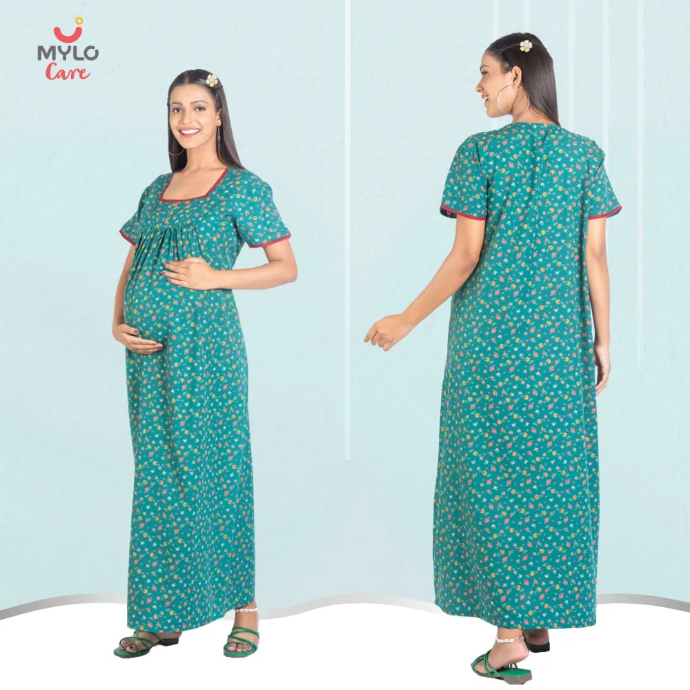 Maternity Dresses For Women with Both Side Zipper For Easy Feeding | Adjustable Belt for Growing Belly | Maxi Nighty Dress | Liberty Green | L