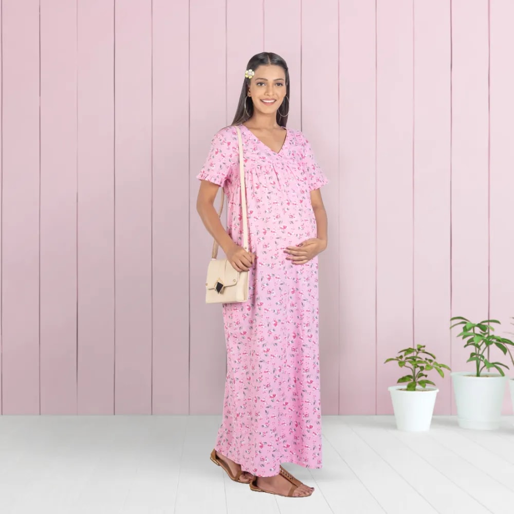 Maternity Dresses For Women with Both Side Zipper For Easy Feeding | Adjustable Belt for Growing Belly | Maxi Nighty Dress | Pink Peony | L