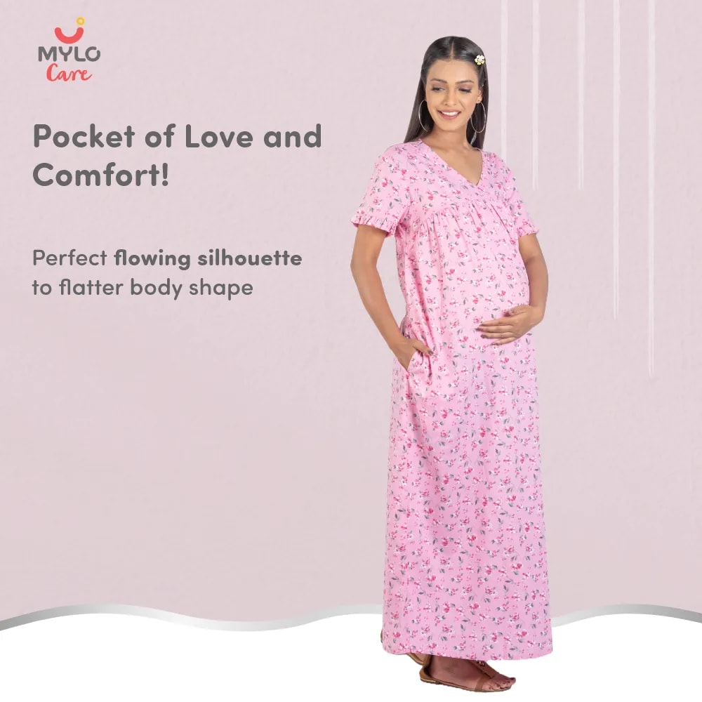 Maternity Dresses For Women with Both Side Zipper For Easy Feeding | Adjustable Belt for Growing Belly | Maxi Nighty Dress | Pink Peony | L