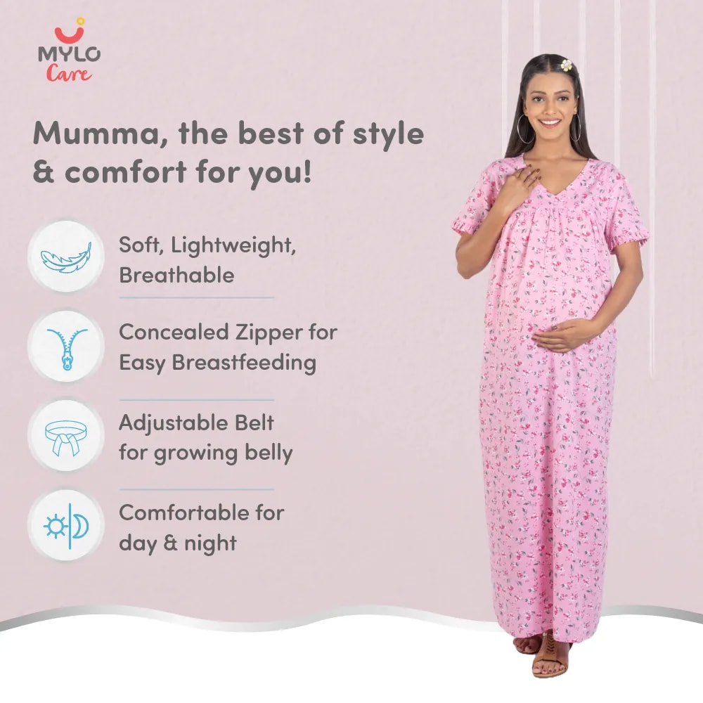 Maternity Dresses For Women with Both Side Zipper For Easy Feeding | Adjustable Belt for Growing Belly | Maxi Nighty Dress | Pink Peony | L