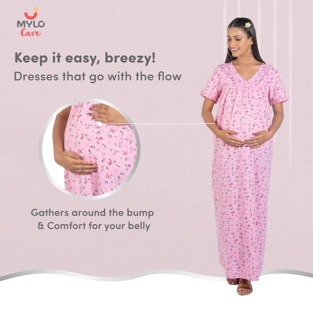 Maternity Dresses For Women with Both Side Zipper For Easy Feeding | Adjustable Belt for Growing Belly | Maxi Nighty Dress | Pink Peony | L