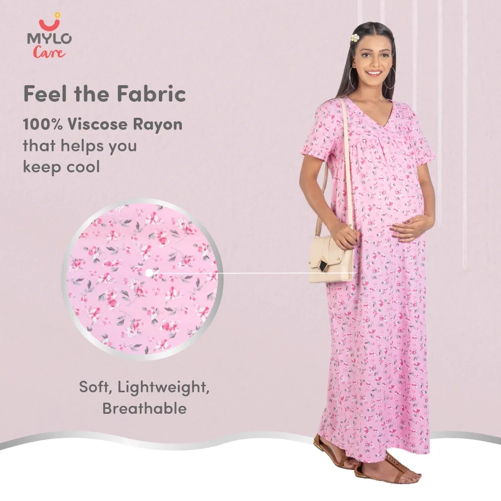 Maternity Dresses For Women with Both Side Zipper For Easy Feeding | Adjustable Belt for Growing Belly | Maxi Nighty Dress | Pink Peony | L