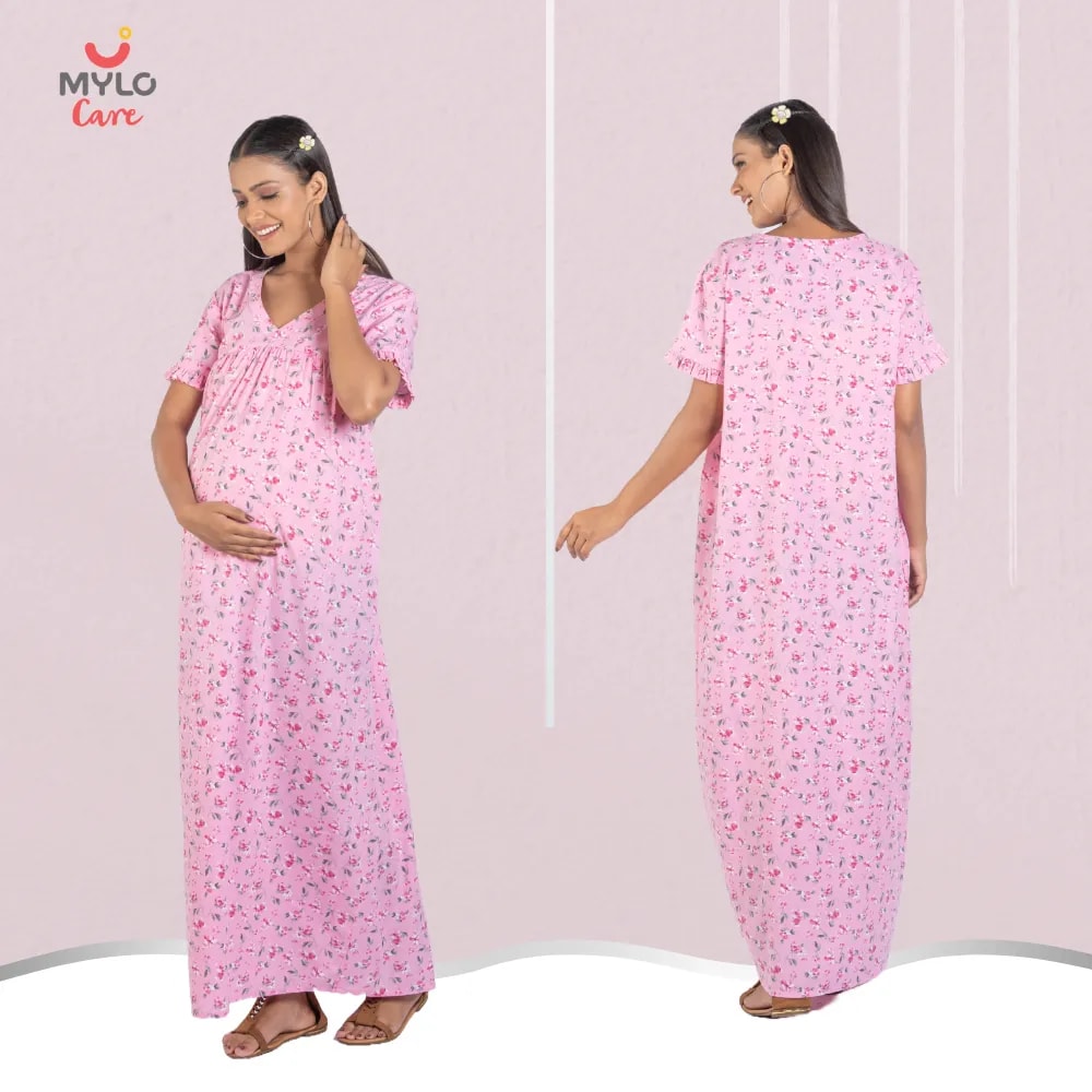Maternity Dresses For Women with Both Side Zipper For Easy Feeding | Adjustable Belt for Growing Belly | Maxi Nighty Dress | Pink Peony | L