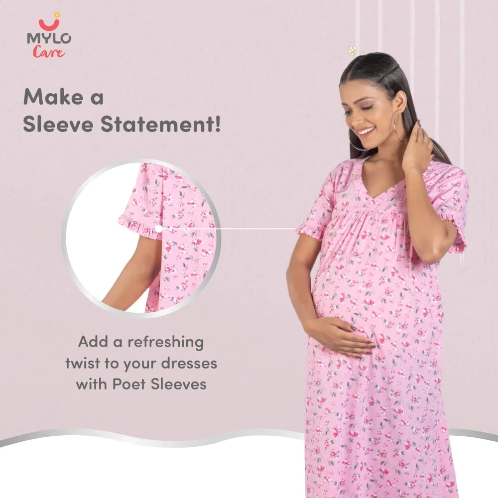 Maternity Dresses For Women with Both Side Zipper For Easy Feeding | Adjustable Belt for Growing Belly | Maxi Nighty Dress | Pink Peony | L