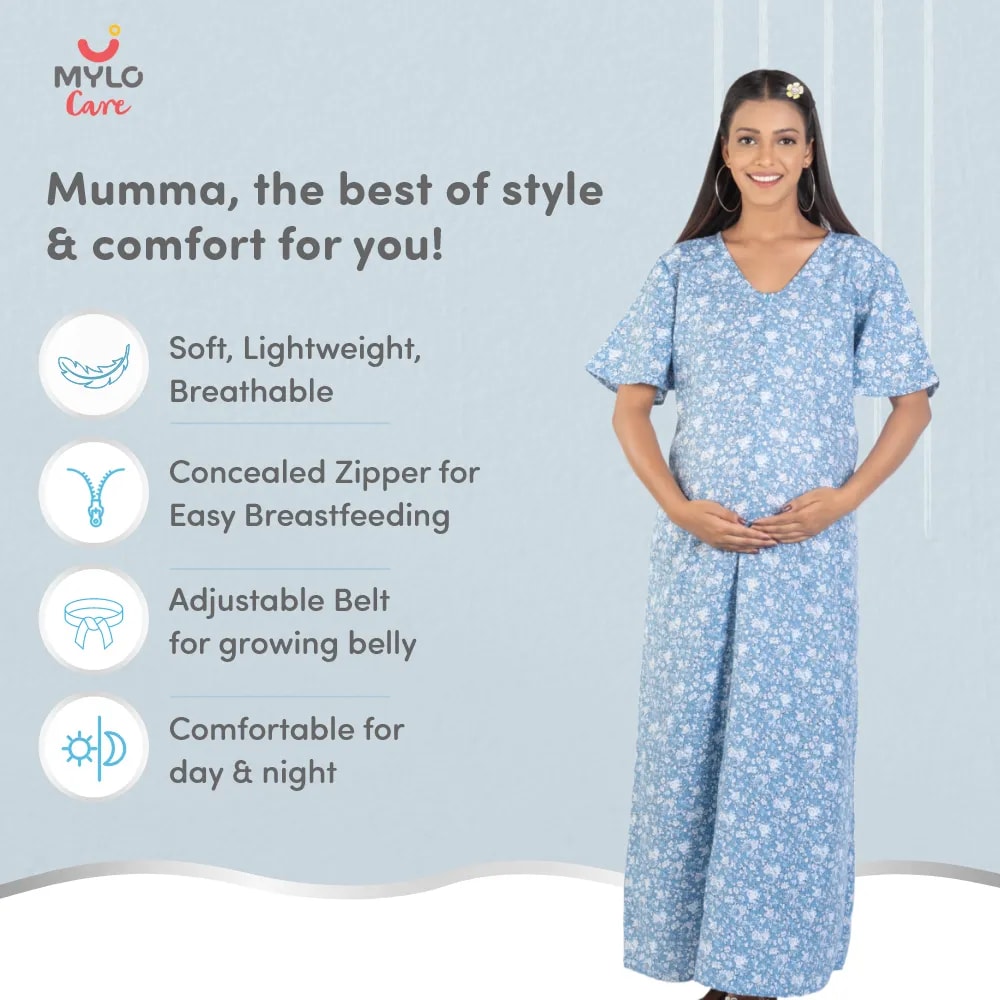 Maternity Dresses For Women with Both Side Zipper For Easy Feeding | Adjustable Belt for Growing Belly | Maxi Nighty Dress | Blue Peony | L